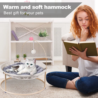 Cat Hammocks, Cat Beds with Bouncy Ball & Bell, Detachable Pet Hammock Bed, Portable Indoor/Outdoor Pet Bed, Soft & Comfortable Elevated Cat Bed for Cats and Small Dogs, Off-White